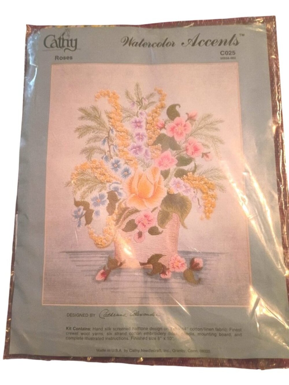 Cathy Watercolor Accents Roses Embroidery‎ Kit 8" X 10" Cotton/Linen Fabric C025